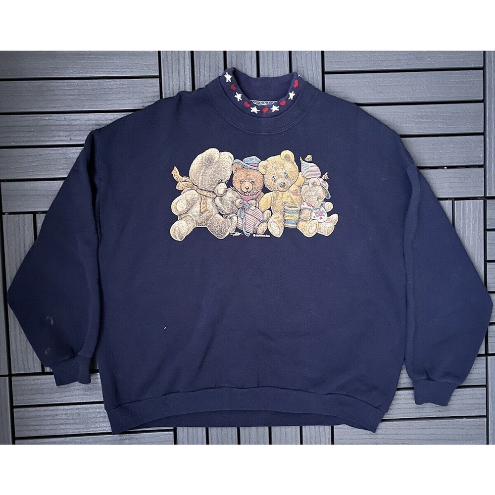 Vintage 90s Morning Sun Teddy Bear Nature Pullover Sweatshirt Size L Blue